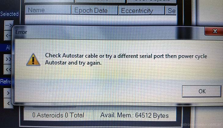 Check Autostar cable or try different serial port them power cycle Autostar and try again