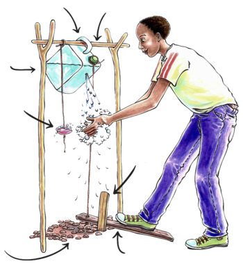 a woman washing hands using a Tippy-Tap with a foot pedal