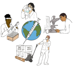 la ilustración muestra a personas de diferentes regiones del mundo trabajando juntas en el desarrollo de las vacunas: una persona llena los tubos de ensayo, una persona examina a un vaso de precipitación, una persona utiliza un microscopio y una computadora y una persona envía las vacunas.